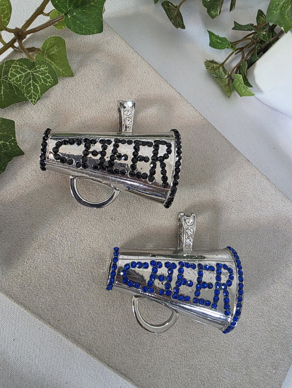 Rhinestone CHEER Megaphone Pendant Charm Silver Tone Magnet Enhancer Bail